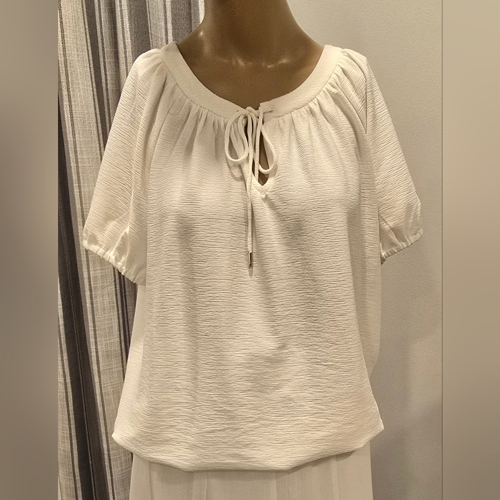 996 Women In Studio White Blouse Top V Neck Tie Semi Sheer Elastic Waist Sz PS